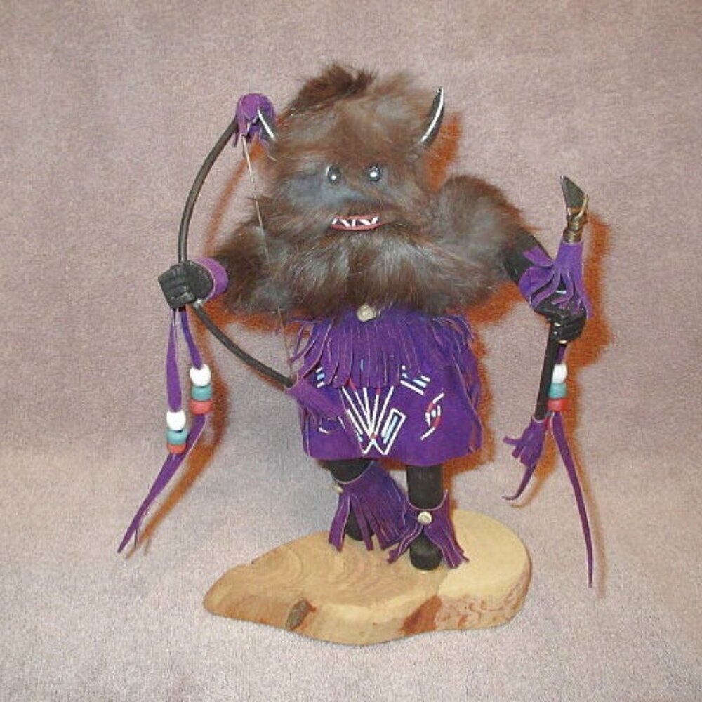 Vtg Navajo Kachina Doll 11” Buffalo Warrior Fur Bow Spear Native American Signed